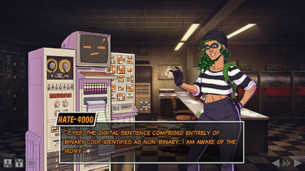 Screenshot of Penny talking with HATE-4000, an ancient computer.