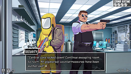 Screenshot of a scientist in a hazmat suit with a raygun standing with an armed security guard.